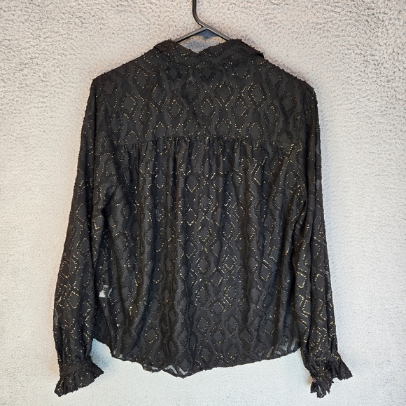 Vince Camuto Women's Blouse Sz M Black Burnout With Sparkle Gold Front Button - Picture 9 of 11